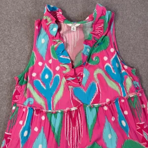 Crown & Ivy Women's Medium Ikat Tiered Ruffle V-Neck Sleeveless Dress Pink Blue thumbnail 2