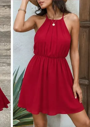 Miami Burgundy Halter Mini Dress Flowy Pleated Sleeveless Party Dress thumbnail 1