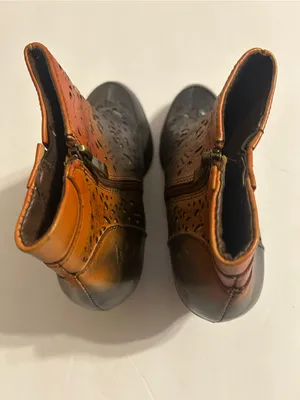Perforated Two-Tone Leather Ankle Booties - Brown/Amber thumbnail 4