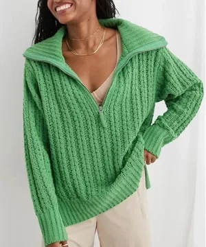 Aerie Kelly Green Cable Car Quarter Zip Sweater Oversized S Chenille thumbnail 1