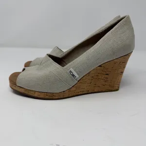 TOMS Canvas Peep Toe Wedge Sandal Oatmeal Natural Cork Heel Women Size 9 thumbnail 4