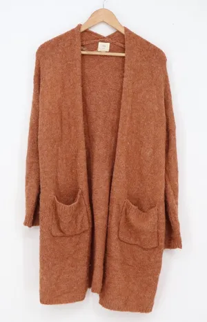 Luna Ivy Cardigan Womens M Rust Orange Open Front Longline Pockets thumbnail 1