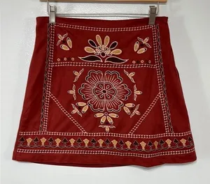 Miami Boho Embroidered Rust Red Faux Suede Mini Skirt Size M thumbnail 1