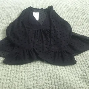 ZARA Blouse Sheer Black,black dots,long bell sleeves w/lace trim, v neck,empire waist thumbnail 3