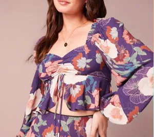 Band of the Free Floriane Boho Girly Floral Long Sleeve Crop Blouse Purple M thumbnail 1