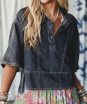 NEW Three Bird Nest Saddle Up Cotton Boho Oversized Coastal Cowgirl Denim Top S thumbnail 1