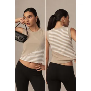 Anthropologie Maeve Womens M Tan Stripe Ribbed Muscle Tank Summer Classic Sporty thumbnail 2