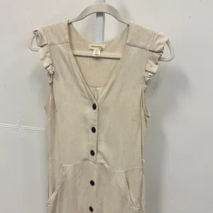 Monteau Los Angeles Linen Blend Ruffle Sleeve Button Front Midi Dress Beige Lg thumbnail 3