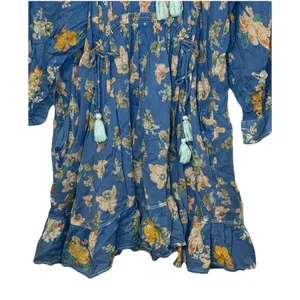 Free People Women's Dress Peasant Floral Tassel 3/4 Sleeve Cotton‎ Blue Medium thumbnail 4