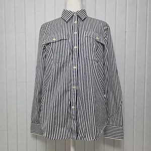 Lauren Ralph Lauren Navy Blue and White Vertical Stripe Button-Down Shirt Size M thumbnail 2