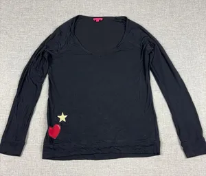 Betsey Johnson T-Shirt Womens M Black Scoop Long Sleeve Glitter Heart Star Top thumbnail 1