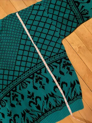 Vintage Lauren Acrylic Green Teal and Black Print Mockneck Sweater thumbnail 6