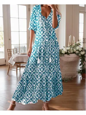 NEW Floral Loose Lightweight Beach 3/4 Ruffle Sleeve Maxi Dress V Neck A Line M thumbnail 2