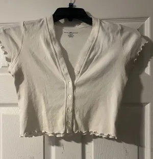 Brandy Melville Cream Ribbed Lettuce-Trim Button Crop Top thumbnail 1