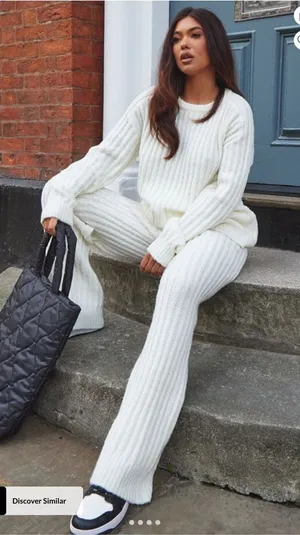 PrettyLittleThing Cream Chunky Ribbed Knitted Set thumbnail 1
