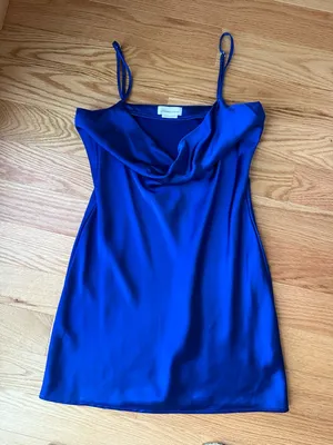 Revolve Lovers + Friends Marley Mini Dress Cobalt Blue Satin Cowl Neck - Size S thumbnail 4