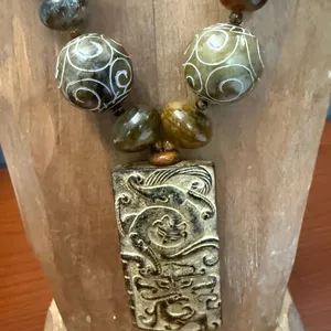 Handcrafted Turquoise and Brown Beaded Necklace beautiful hand carved beads thumbnail 3