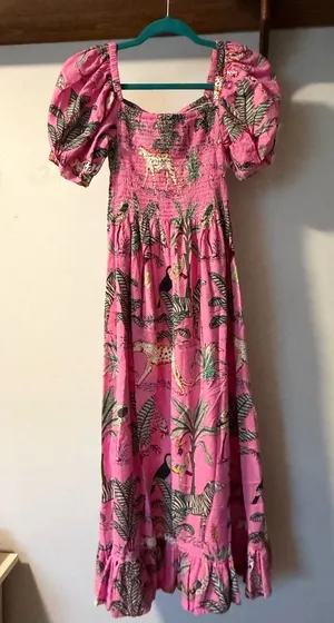 Mary Marshmallow Pink Jungle Animal Smocked Maxi Dress S thumbnail 1