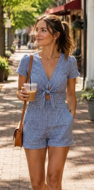 Abercrombie & Fitch Navy White Gingham Tie Front Cutout Romper XS Cotton thumbnail 1