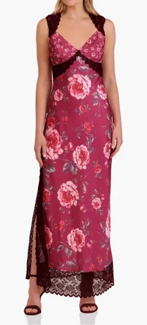Avec Les Filles Bias Cut Lace Trim Slip roses dress maxi 6 wedding guest thumbnail 1
