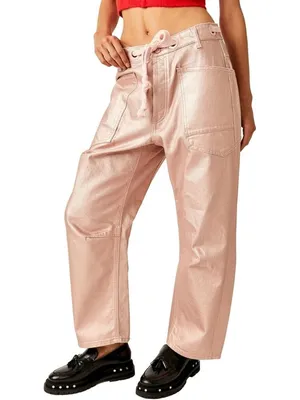 NWT We The Free People Moxie in Bubblegum Pink Metallic Barrel Jeans 27 thumbnail 2