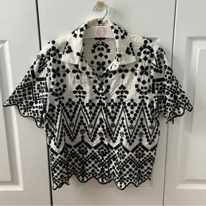 Zara Contrast Embroidered Button Up Shit in Black and White thumbnail 2