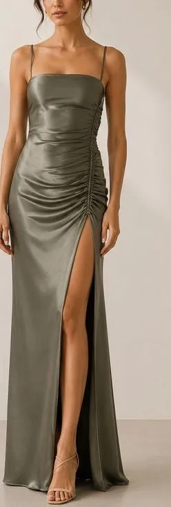 Shona Joy La Lune Olive Satin Ruched High Slit Formal Maxi Dress Gown thumbnail 1