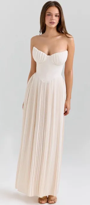 House of CB Marcella Ivory Strapless Pleated Maxi Dress in Cream L thumbnail 1