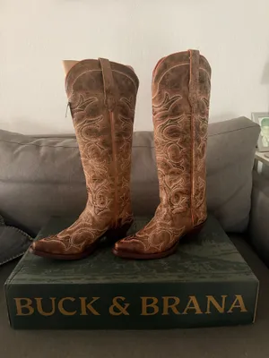 Buck & Brana Tall western cowboy boots Embroidered brown leather size 7.5 thumbnail 4