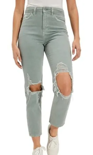 American Eagle Sz 14 Sage Green Womens Ripped High Rise Straight Mom Jeans thumbnail 1