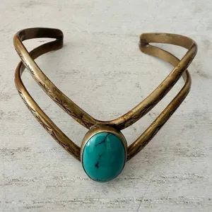DCG Hand Tooled Brass Cuff Bracelet Turquoise thumbnail 2