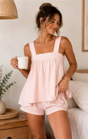 Piyama‎ Suzie Peach Cotton Babydoll Pajama Top Soft Sleepwear Lounge Tank thumbnail 1