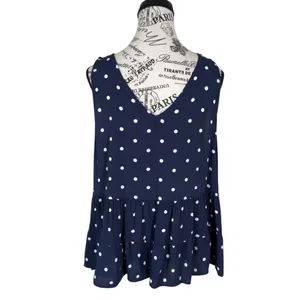 LOFT Women's Navy Polka Dot Sleeveless V-Neck Peplum Blouse Size L casual thumbnail 3