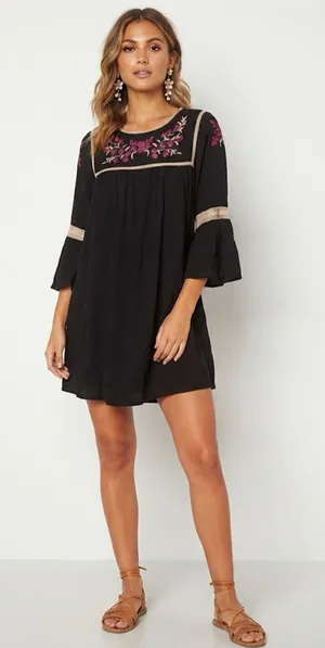 Forever 21 Black Mini Dress Pink Floral Embroidery Peasant Boho Bell Sleeve M thumbnail 1