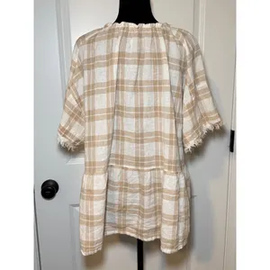 Pilcro and the Letterpress Anthropologie Plaid Peplum Blouse Tan White Fringe Short Sleeve XL Boho thumbnail 3
