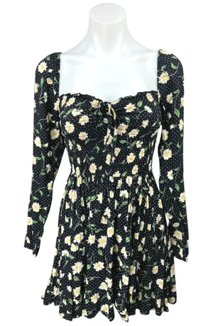 Asos Collusion Black Floral Dotted Long Sleeve Sweetheart Smocked Mini Dress 0 thumbnail 1