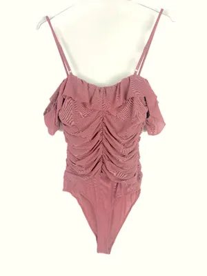 NWT Lulus Elegant Posture Mauve Pink Mesh Ruched Cold-Shoulder Bodysuit Size XS thumbnail 8