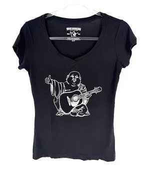True Religion Womens Black Buddha Guitar‎ Graphic V-Neck T-Shirt XS World Tour thumbnail 1