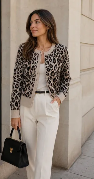 A New Day Leopard Print Cardigan Cropped Chic Minimalist Neutral Classic Sweater M thumbnail 1