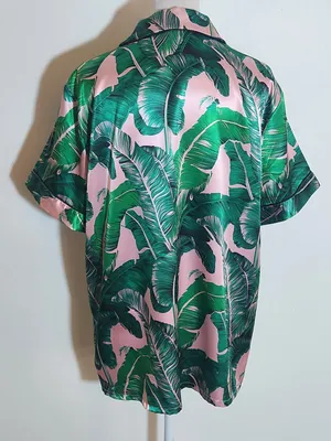Green and Pink Tropical Palm Print Satin Pajama Set Size Large thumbnail 3