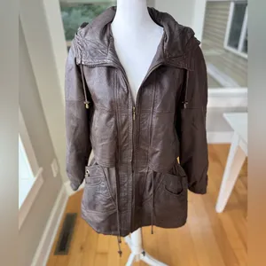 Vintage GIII Brown Genuine Leather Jacket Hooded Anorak Trench Coat Sz Small thumbnail 6