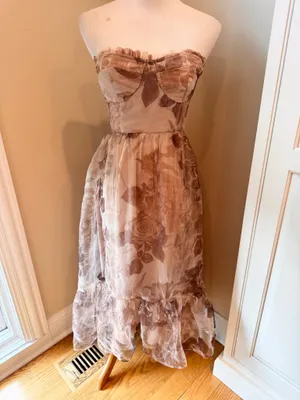 Storia Strapless Dress Brown Tan Floral Sheer Overlay Ruffle Hem S Wedding Tulle thumbnail 3
