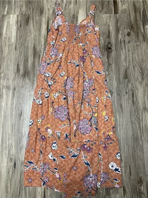 Sonoma Linen Blend Tiered Maxi Dress S Smocked Back Orange Floral thumbnail 4