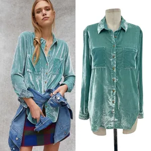 Anthropologie Pilcro Mara Relaxed‎ Velvet Buttondown Top Teal Blue Size US 2 thumbnail 2