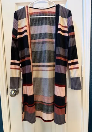 Striped Open-Front Ribbed Cardigan in taupe, Gray & Pink thumbnail 1