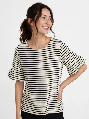 J Crew Factory Top Small Black Tan Striped Bell Sleeve Preppy Casual thumbnail 1