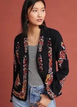 Anthropologie Embroidered Black Blazer Jacket Ellen Maeve thumbnail 2