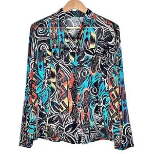 Chicos Womens Abstract 100% Silk Blouse Size 2/Large Multicolored Sheer Picasso thumbnail 2