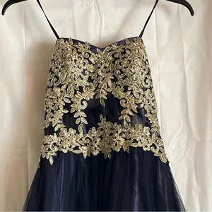 Blondie Nites Gown Juniors‎ Size 9 Navy Long Mesh Gown Corset Style Gold Prom thumbnail 10