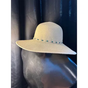 Woven Paper Straw Sun Hat Turquoise Bead Accent Split‎ Back Wide Brim Tan OSFM thumbnail 2
